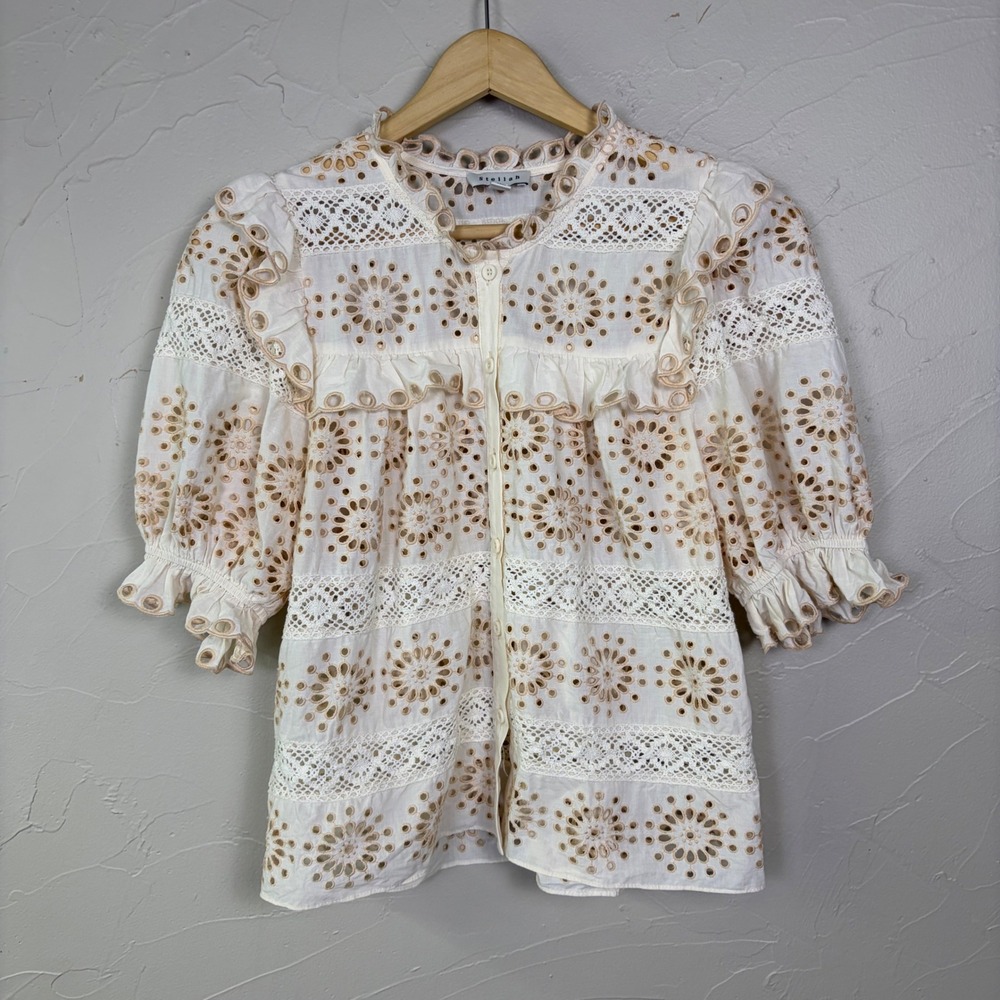 Stellah Eyelet Lace Ruffle Blouse Womens Small Cream Puff Sleeve Boho Cottage
